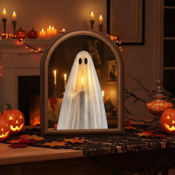 XMMSWDLA Halloween Light Up Ghost Mirror 11" x 13.8", Vintage Framed LED Glow Spooky Decor, Creepy Haunted House Ornament for Indoor Wall, Table and Mantel, Home Halloween Party Decoration