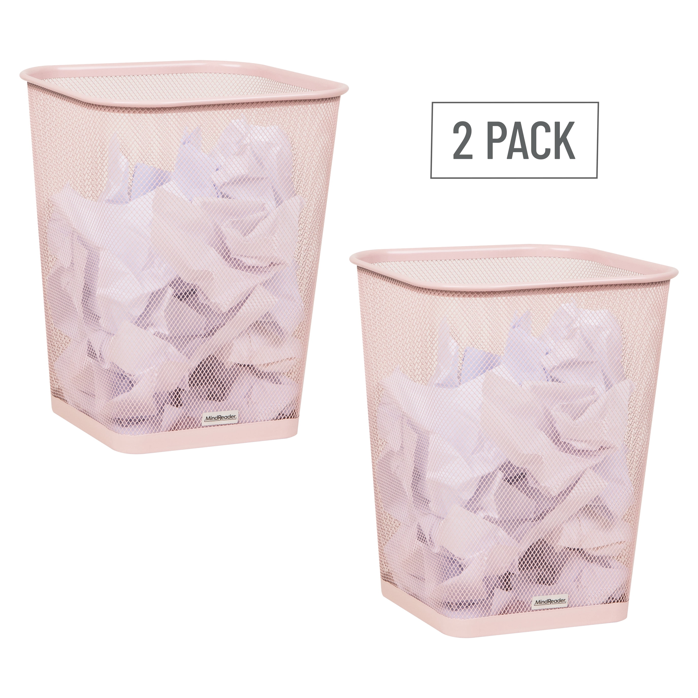 Mind Reader Mesh Trash Can, Waste Paper Basket, Square, Office, Metal, Set of 2, Pink