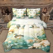 Manfei Pink Lotus Leaf 7 Pieces Bedding Comforter Set,Mallard Duck Full Bedding Set,Country Farmhouse Lodge Fitted Sheet Flat Sheet For Teens,Ultra Soft Home Decor Reversible