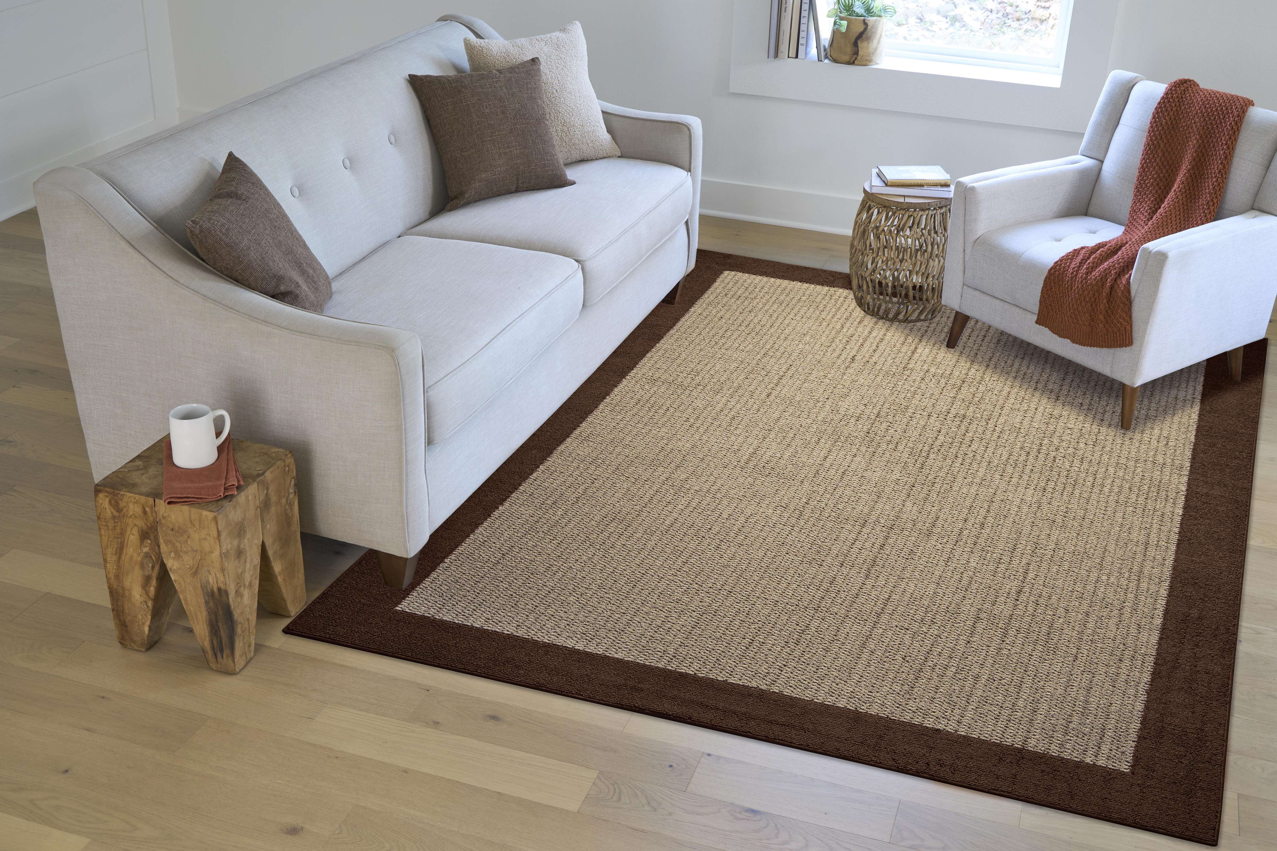 Mainstays Farmhouse Faux Sisal Olefin Brown Border Indoor Living Room Area Rug, 7' x 10'