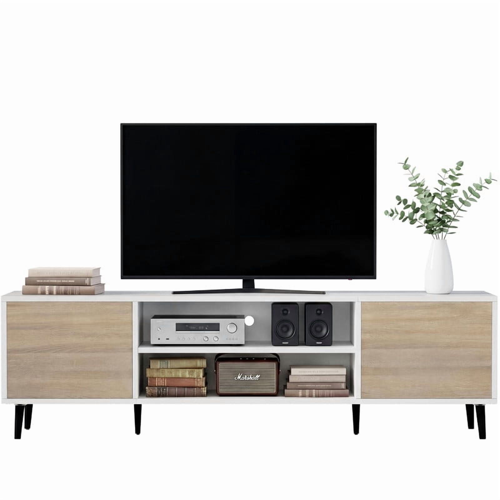 Homall 63'' Mid-Century Modern TV Stand for TVs up to 70 Inches, Wood Entertainment Center with Storage Cabinets & Open Shelves, TV Console Table for Living Room,White