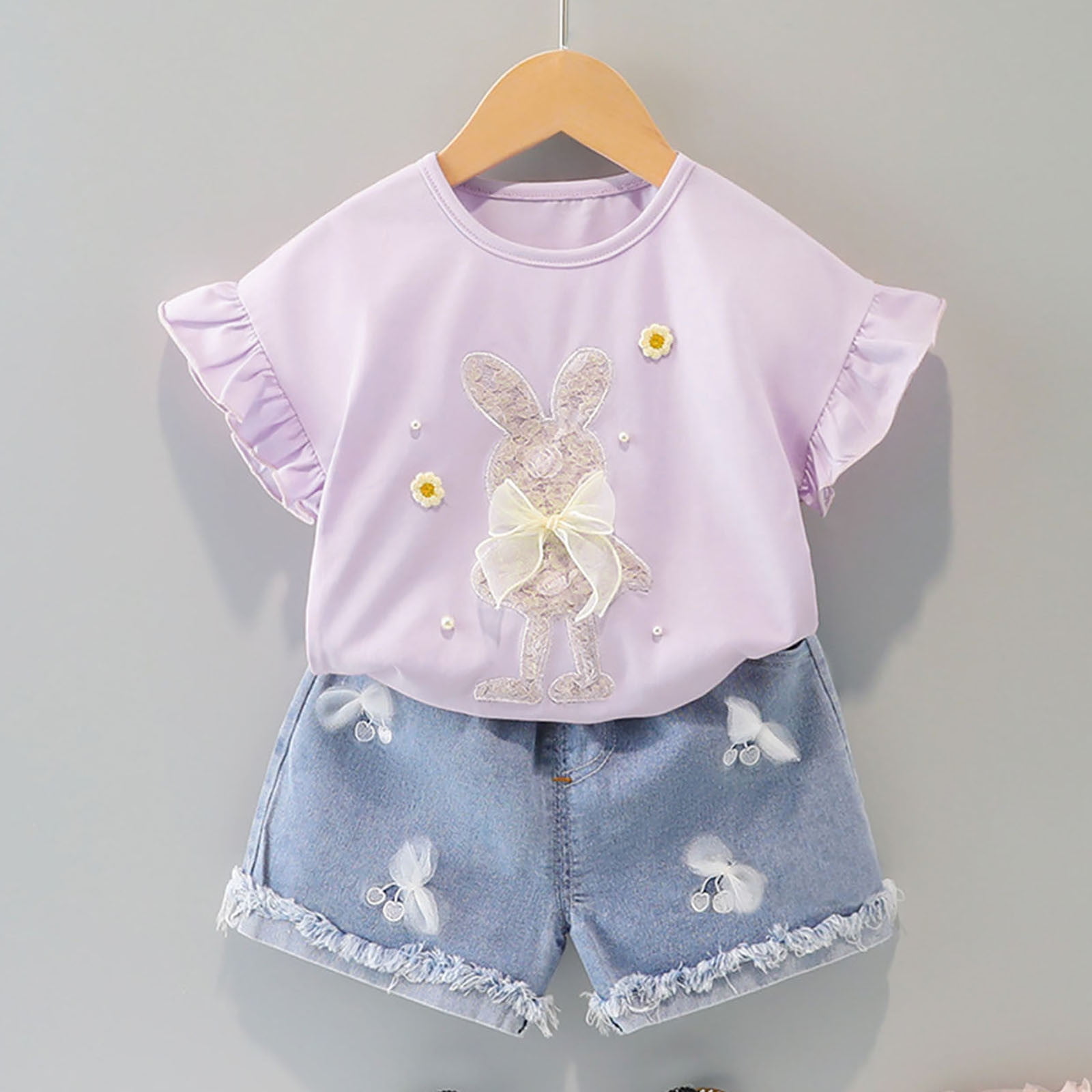 Utlike Girls 2 Pcs Outfits Set Toddler Summer Flying Sleeves Easter Cute Bunny Bow Applique T-Shirts Tops Denim Shorts Set Girl'S Cheap Clothing Set Size 2-3 Years