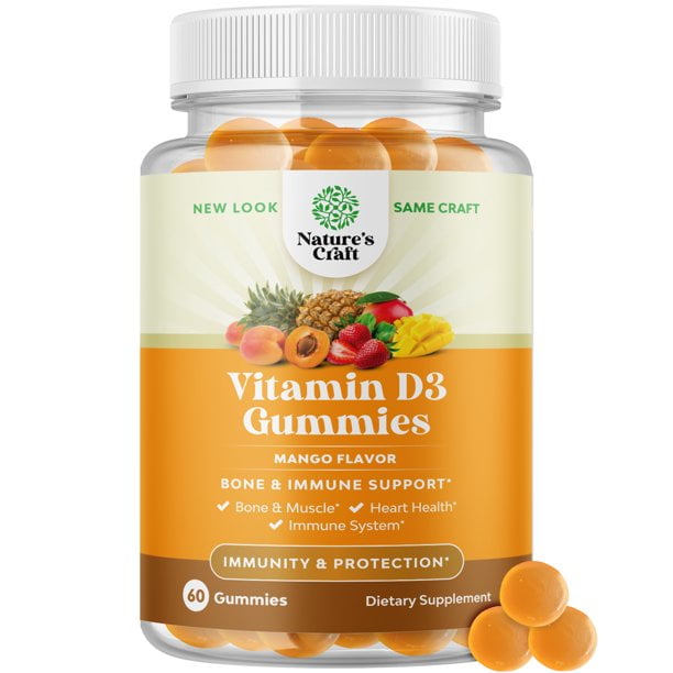 Vitamin D3 5000 IU - Delicious Natural Vitamin D Gummies 60ct Mango Flavor - Nature's Craft Vegan Vitamin D Gummy for Bone & Immune Support