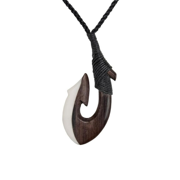 81stgeneration Women's Men's Hand Carved Bone Wood Smooth Maori Hei Matau Fish Hook Pendant Necklace