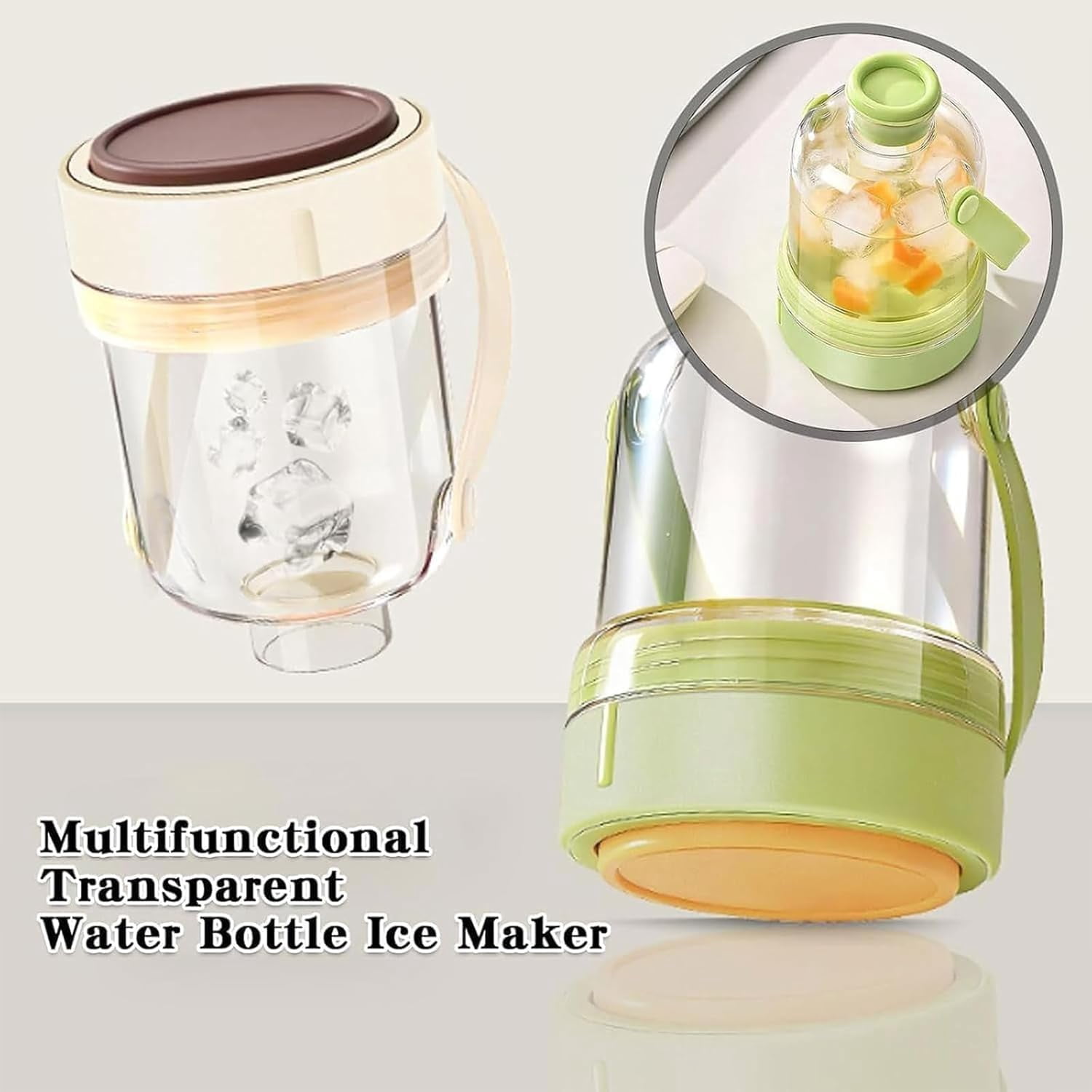 Multifunctional Transparent Water Bottle Ice Maker with Ice Tray, 2-in-1 Portable Ice Cube Bottle with Handle, Touch-Free Press Release Silicone Mold, Leak-Proof for Travel Gym Office Home (Beige)