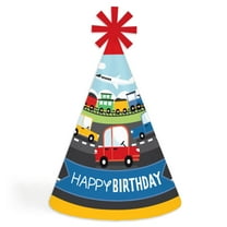 Big Dot of Happiness Cars, Trains, and Airplanes - Cone Happy Birthday Party Hats for Kids and Adults - Set of 8 (Standard Size)