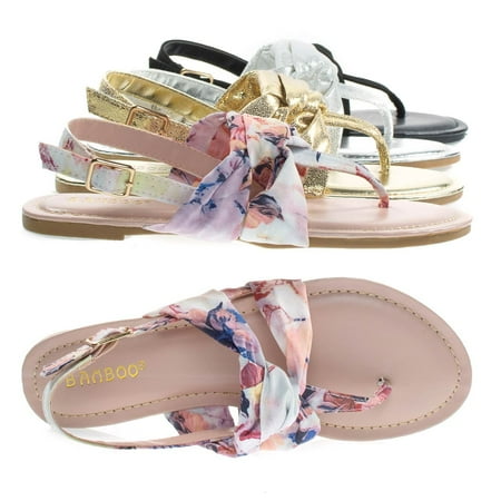 - Yolo24s by Bamboo, Women Flat Thong Sandal W Metallic & Print Fabric In Sling back Strap