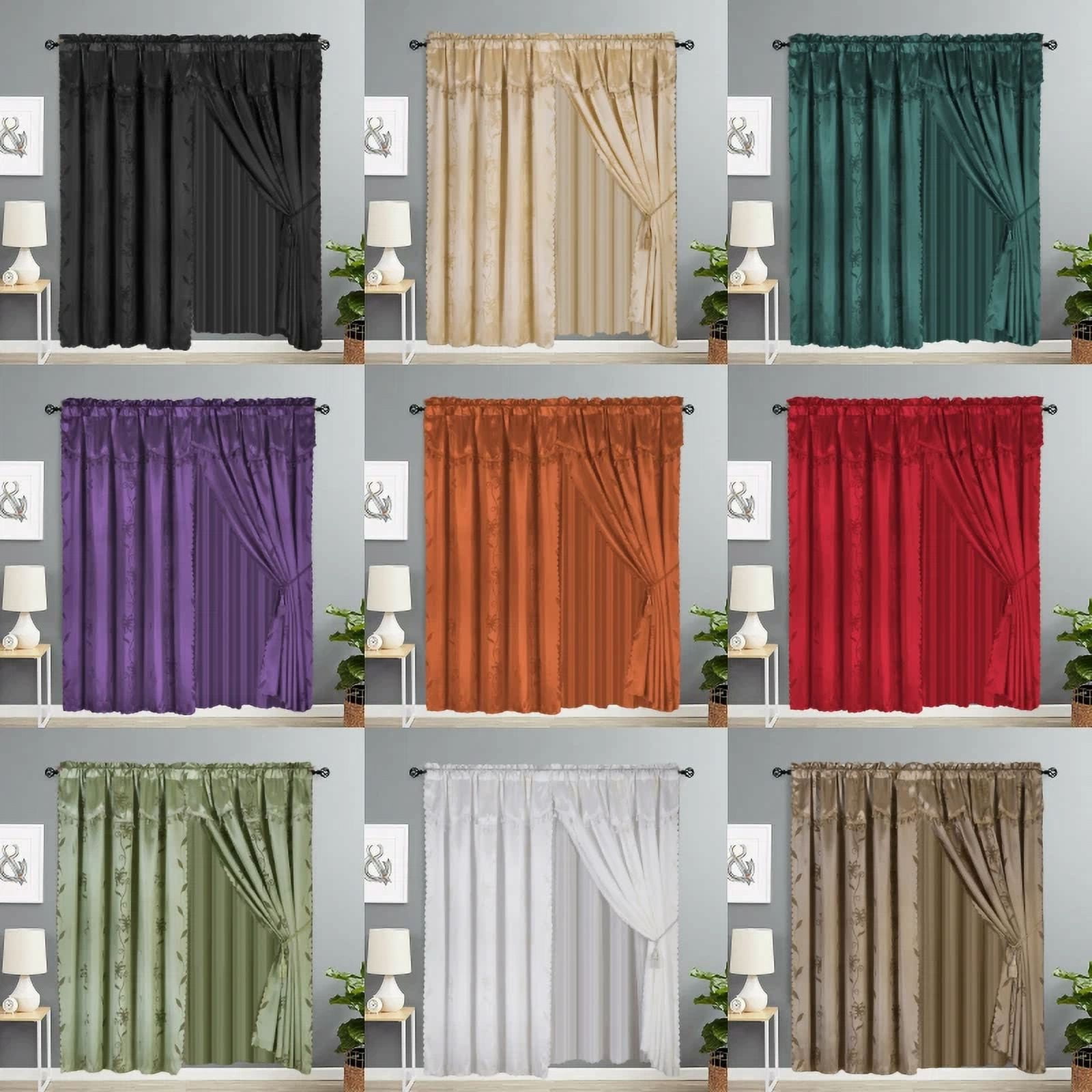 Nada 8-Piece Solid Brown Elegant Rod Pocket Window Curtain Panel Floral Printed Treatment Drape with Matching tieback Set in 84"