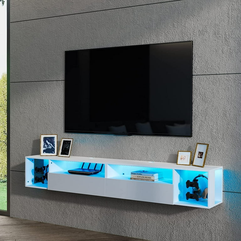 Soges Floating TV Stand with LED Wall Mounted TV Stand with 20 Color LED Lights Floating Entertainment Center with Storage Modern White 40 inch
