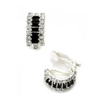 Silver Crystal Rhinestone Semi Circle Clip Earrings with Baguette Jet Rhinestones
