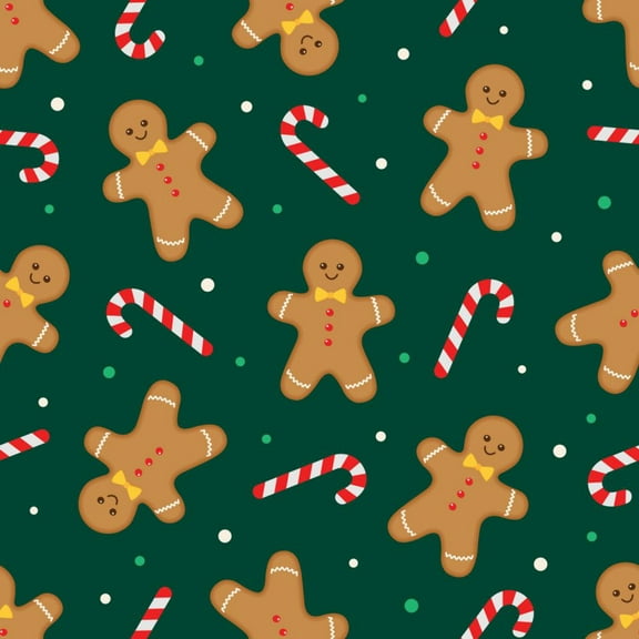 44 x 36 Christmas Gingerbread Dance Candy Canes on Green 100% Cotton Fabric By the Yard