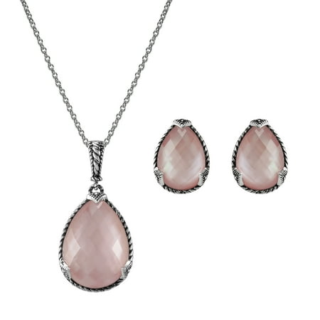MARC Silver tone Crystal Rock & Pink Mother of Pearl Doublet, accented with Swarovski Marcasite Pear Earrings/Pendant Set