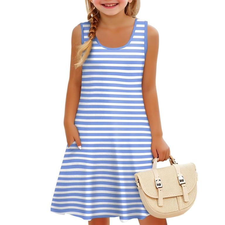 LTTVQM Toddlers Girls Dress Size 12-13 Spring Striped Sundress Loose Fit  Sleeveless Tank Dress Holiday Round Neck Midi Dresses with Pockets Sky Blue  12-13 - Walmart.com