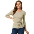 thumbnail image 1 of INSPIRE CHIC Women's Button Decor V Neck 3/4 Sleeve Solid Blouse Knitted Ruched Top, 1 of 6
