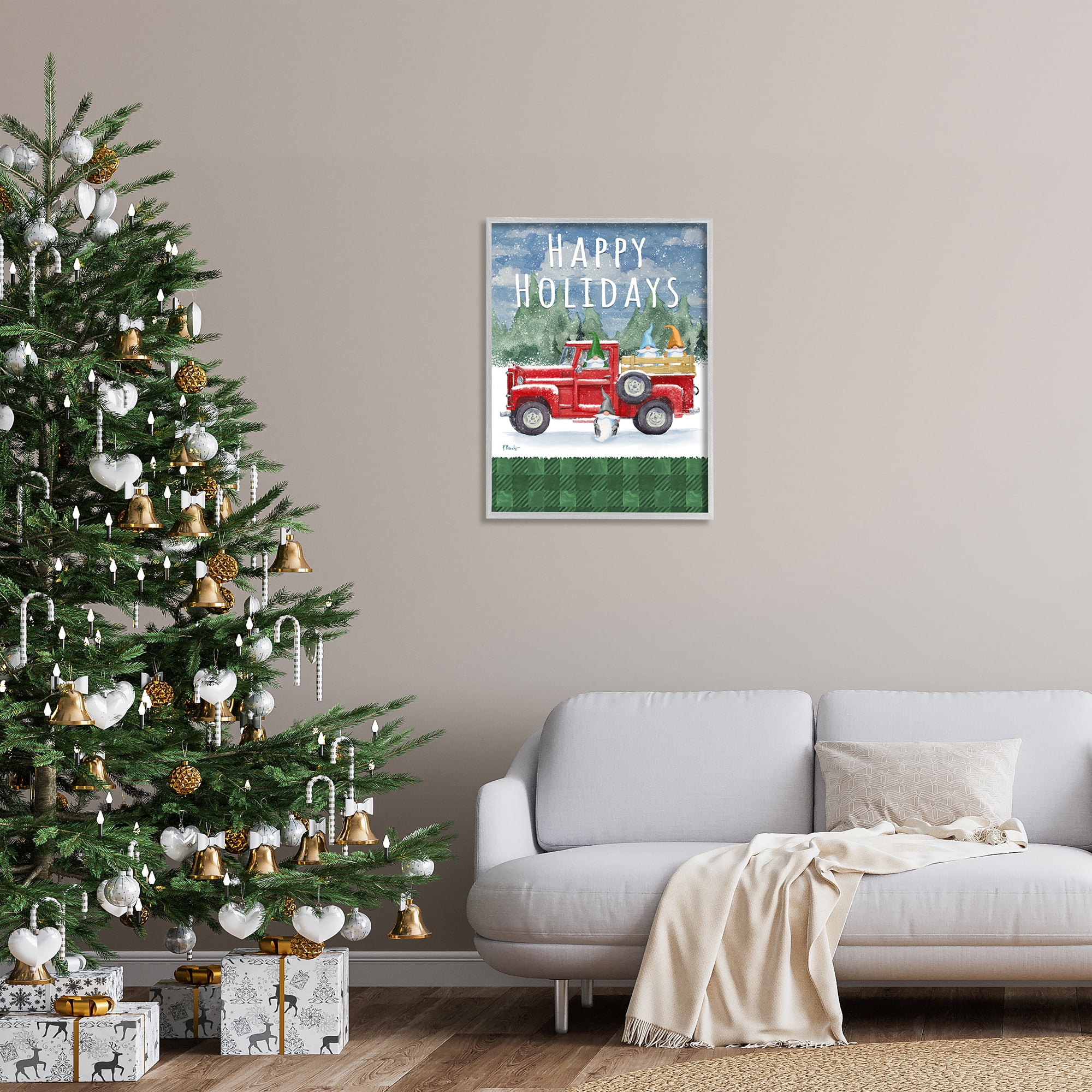 Stupell Industries Happy Holidays Truck Holiday Painting Gray Framed Art Print Wall Art, 24 x 30