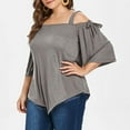 thumbnail image 6 of Olyvenn Women's Trendy Plus Size Ruched Blouses Sales Asymmetric Cold Shoulder Shirts Oversized Loose Casual Tunic Blouse 2023 Fashion Summer Halter Sling Short Sleeve Tees Solid Tops Gray 18, 6 of 7