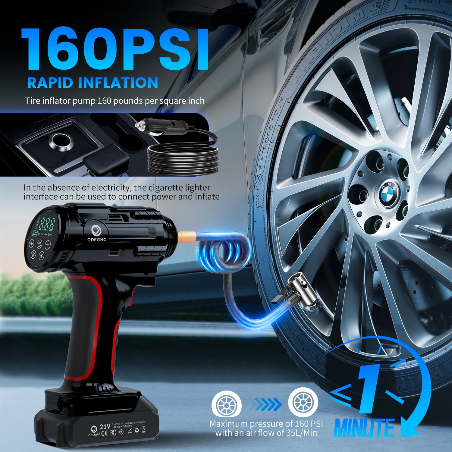 ODEGNC 21V 160PSI Digital Air Compressor Heavy Duty Cordless Tire Inflator 10000mAh 12VDC Portable Car Pump for SUV