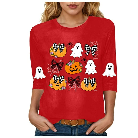 zaveiop Halloween Shirts for Women 2025 Casual Round Neck and Three Quarter Sleeves Funny Holiday Graphic Tee Fall Winter Loose Fit Tops (Red, XXL)