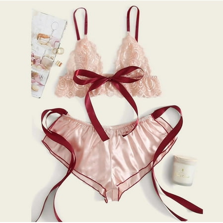 

2PC Lingerie For Women Lace Wireless Bow Bra Satin Shorts Sleepwear Lingerie Pajamas S-3Xl