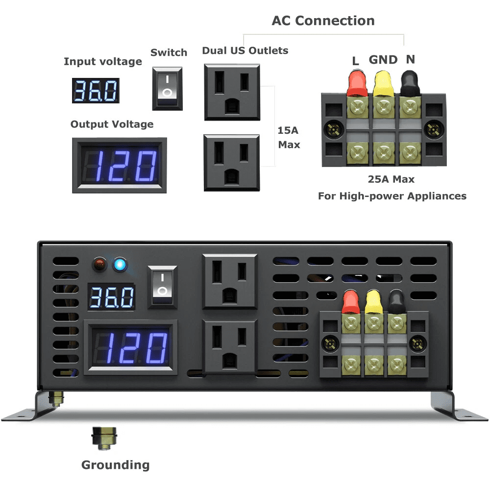 WZRELB 3000watt Pure Sine Wave Inverter 36V DC to 120V AC 60HZ with LED Display Wireless Remote Controller Car Inverter Generator (RBP300036VCRT)