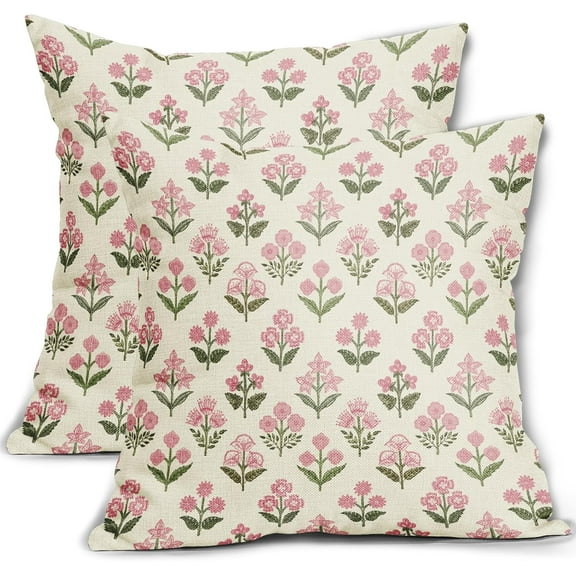 Pink Green Block Print Pillow Covers 18x18 Inch Set of 2 Vintage Floral Decorative Pillow Cases Boho Outdoor Square Cushion Cover Rustic Farmhouse Decor for Bedroom Home Sofa Couch Bed