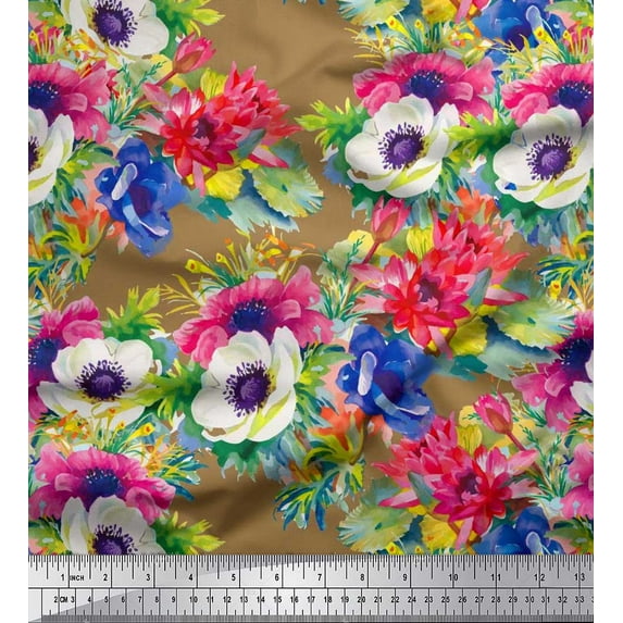 Soimoi Cotton Duck Fabric Leaves,Lotus & Anemone Floral Fabric Prints By Yard 42 Inch Wide