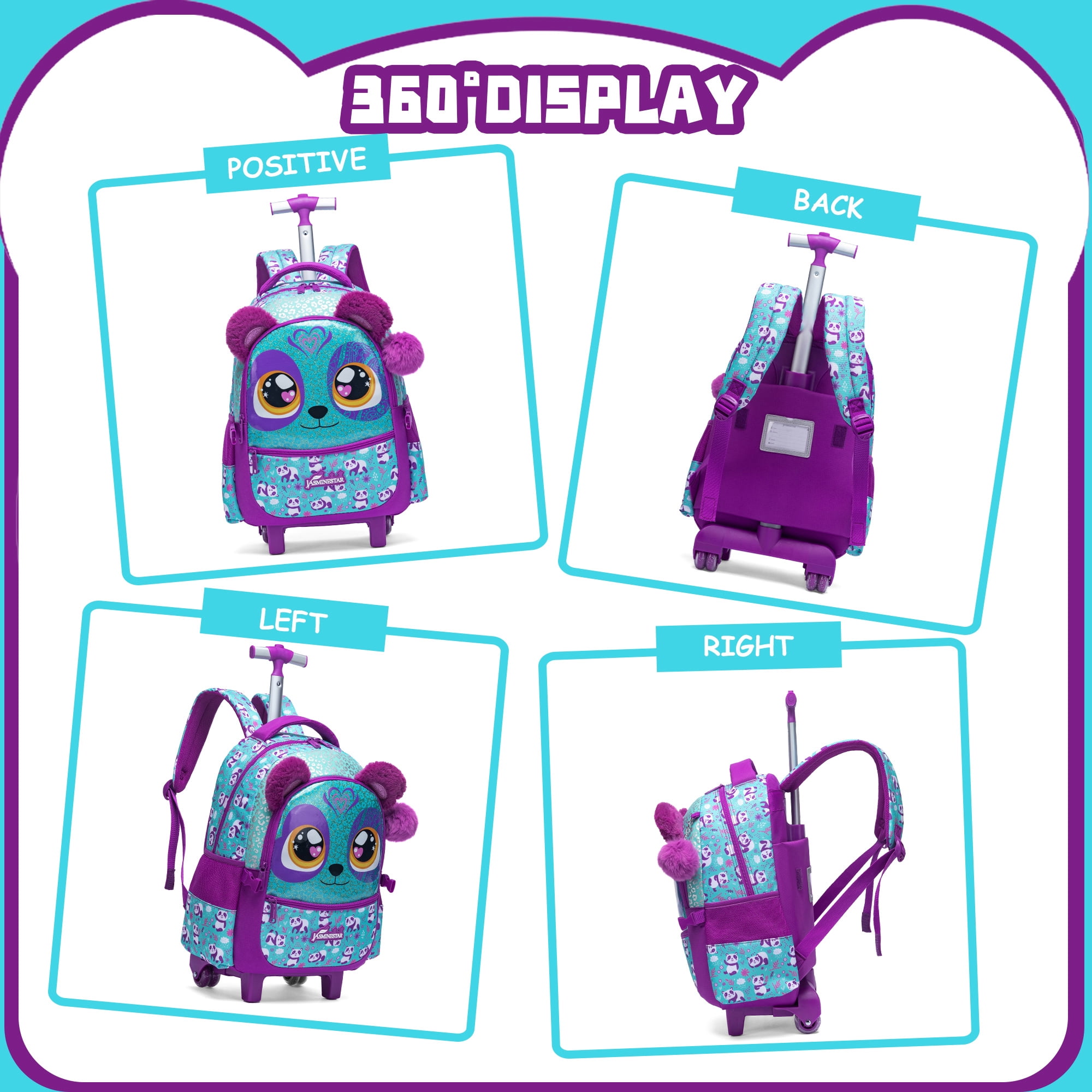 Rolling Backpacks for School Girls Kids Wheeled Backpack with Wheels Bookbag with Lunch Box Pencil Case for Elementary Students Ages 6-8