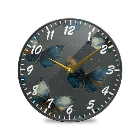 9.5in Acrylic Wall Clock with Glass-like Finish Round Clock for Home Decoration Brown-blue Butterfly Pattern