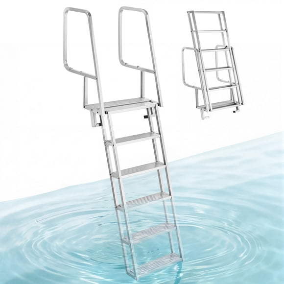 VEVOR Flip-Up Dock Ladder, 6-Step, Heavy-Duty Aluminum Alloy Pontoon Boat Swim Ladder, with Non-Slip Wide Steps, 350 lbs Weight Capacity, Pull Rope Assist, Comfort Use for Lake Pool Marine Boarding