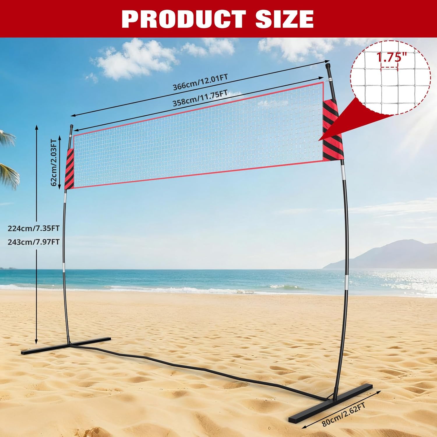Riedhoff 12 ft Portable Volleyball Net with Stand, Height Adjustable, with Carry Bag, Red & Black