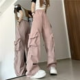 thumbnail image 4 of Pink Womens Workwear Pants Fashion Streetwear Pockets Wide Leg High Waist Straight Trousers Overalls Cargo Pants Women Size 2XL, 4 of 6
