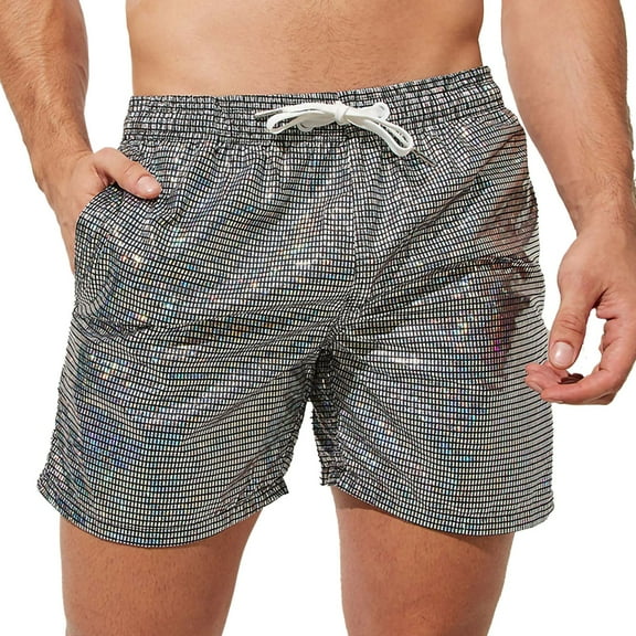 Aueoeo Men's Sequin Sparkly Shorts Drawstring Elastic Waist Shorts Shiny Straight Leg Partywear Fashion Shorts