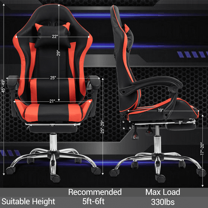 WENTUM Gaming Chair with Massage Lumbar Support - Ergonomic Video Game Chair for Adults, Adjustable Headrest & Footrest, 90-135° Recline, 360° Swivel, Red