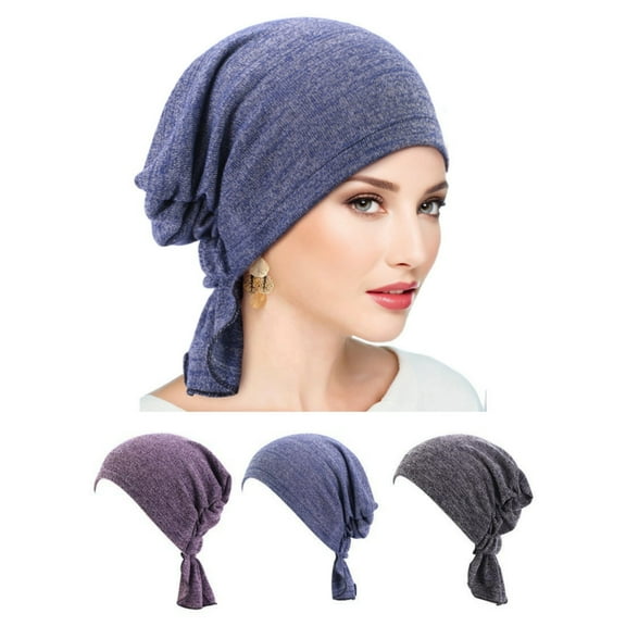 Airvexalon 3 Pack Pre Tied Head Scarves for Women Slip On Chemo Turban Hats Headwrap Caps for Cancer Hair Cover Purple Navy Black
