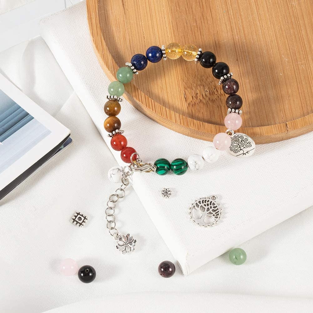 120 Pcs Natural Gemstone/Lava Beads 60 Pcs Alloy Spacer Beads 50 Pcs Tibetan Style Alloy Pendants 50 Pcs Jump Rings 2 Rolls Elastic Strings and 1 Pc Steel Scissor for Jewelry Making Mixed Color
