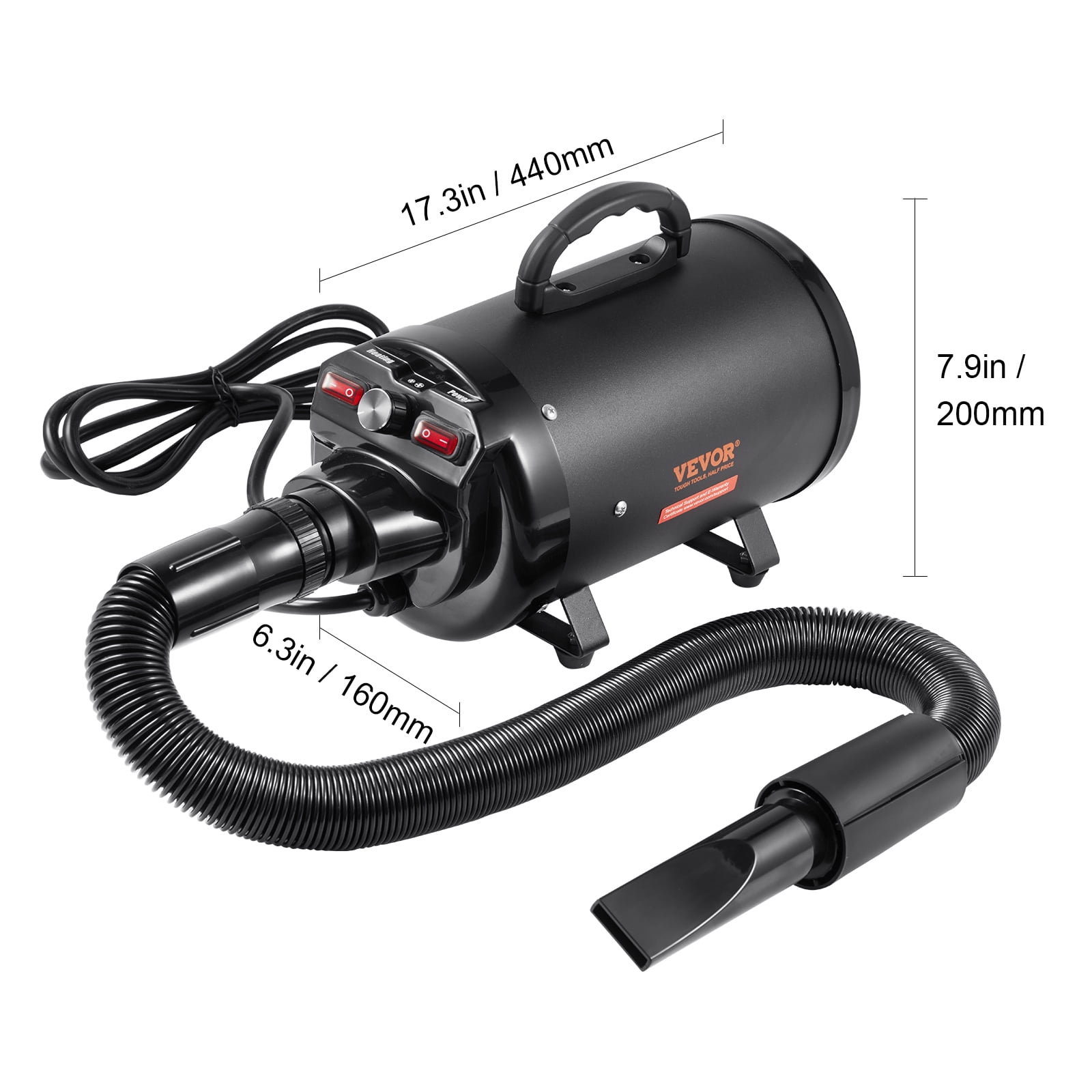 KFFKFF Dog Dryer 2000W Pet Grooming Dryer Adjustable Speed with 4 Nozzles Black
