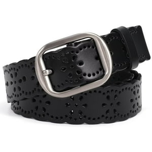 Whippy Women Leather Belt with Hollow Flower Design, Black