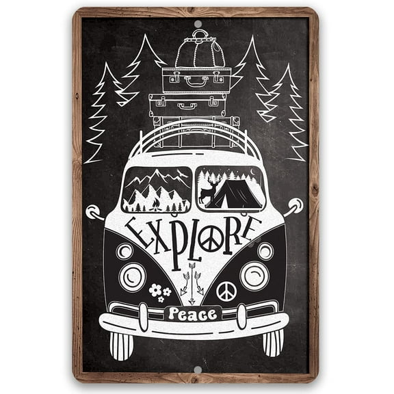 Metal Sign - Explore in a Volkswagen, Peace (Chalkboard Style) - Durable Metal Sign - Use Indoor/Outdoor - Makes a Great RV Decor and Gift For Avid Campers and Outdoorsy Friends Under $25 (12" x 18")