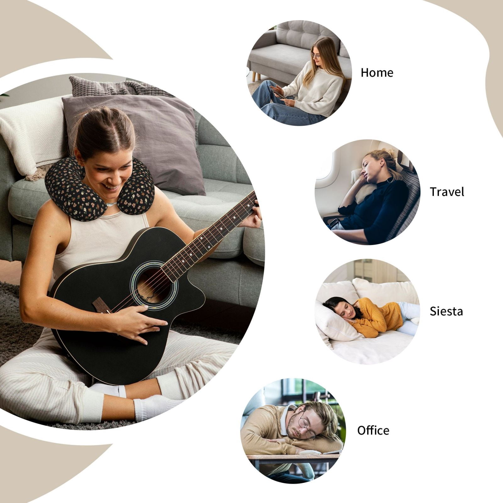 Xecao Flower Pattern On Black Print Memory Foam Cervical Neck Pillow Versatile U-Shaped Pillows for Home,Office,Camping,Travelling,Soft Washable Cover