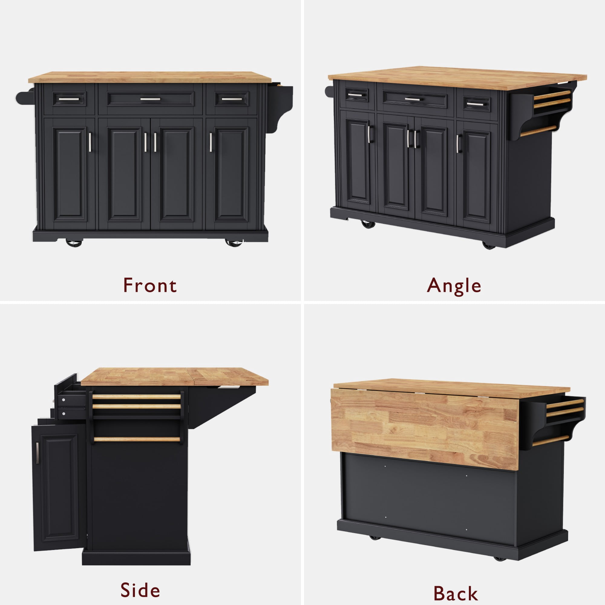 Chords Attic 54-inch Large Kitchen Island with Rubber Wood Drop Leaf, Rolling Kitchen Cart on 4 Wheels with 4 Doors and 3 Drawers for Dining Room