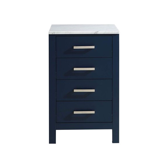 Lexora Home Jacques 20" Carrara Marble Top Side Cabinet in Navy Blue
