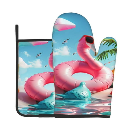 

Vsdgher Tropical Flamingo Pool Float Oven Mitts and Pot Holders 2 pcs Set High Heat Resistant Kitchen Oven Glove for Baking and Cooking