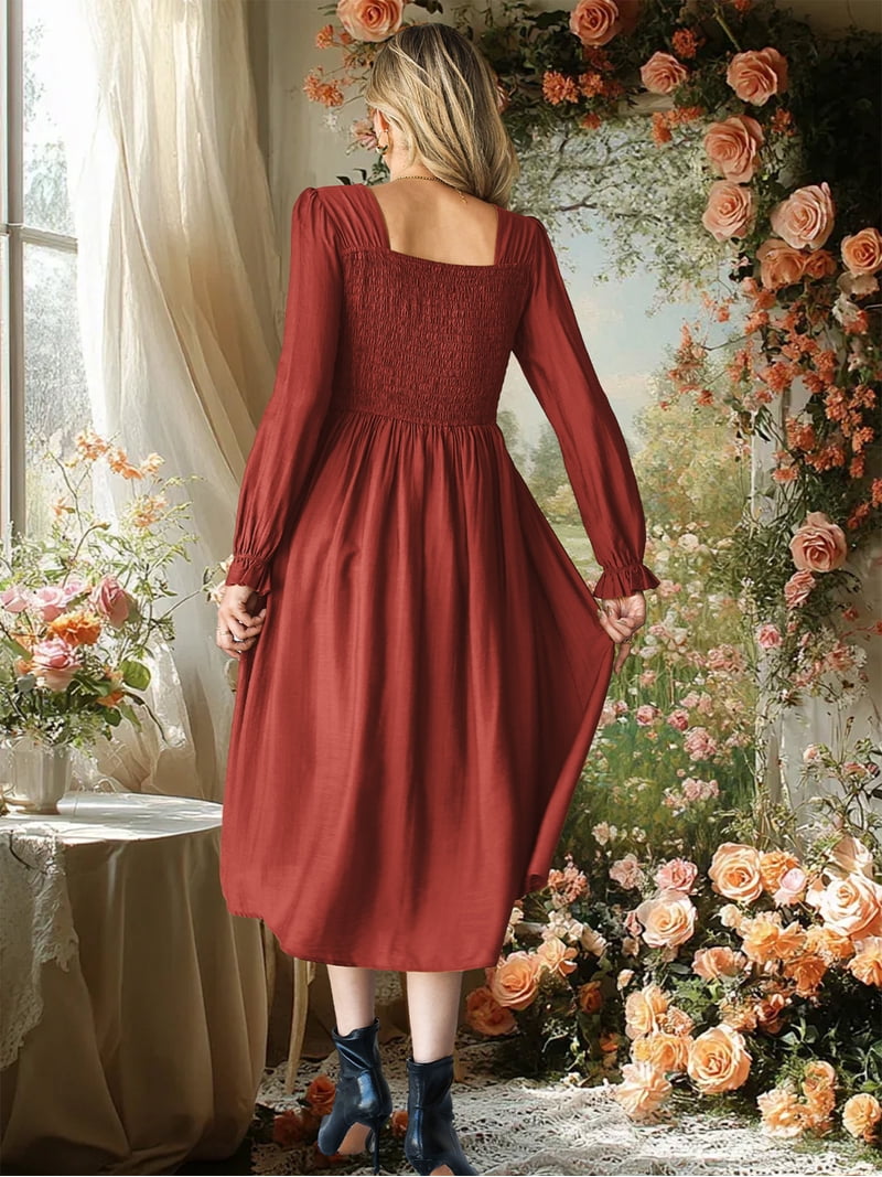 red lantern sleeve dress Fancyglim Dress for Women V-Neck Lantern Sleeve Smocked Waist Flowy Boho Lace Paneled Midi Dresses Rust Red M, Women's, Size: Medium