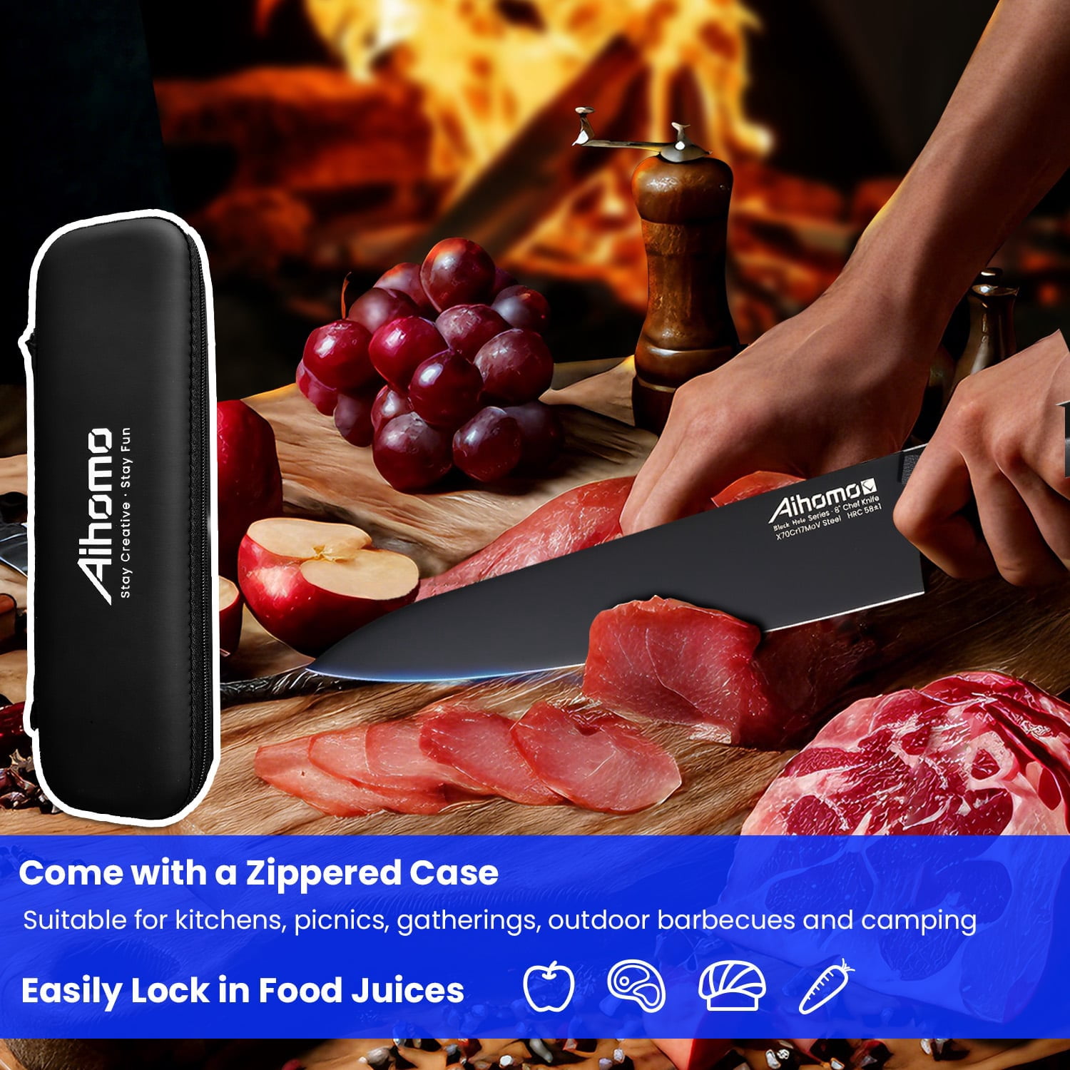 Aihomo Razor-Sharp Chef Knife Full Tang Blade, 8-Inch Professional Kitchen Knife with Finger Guard & Ergonomic Handle, Multi-Purpose for Chopping, Dicing, Slicing, Mincing