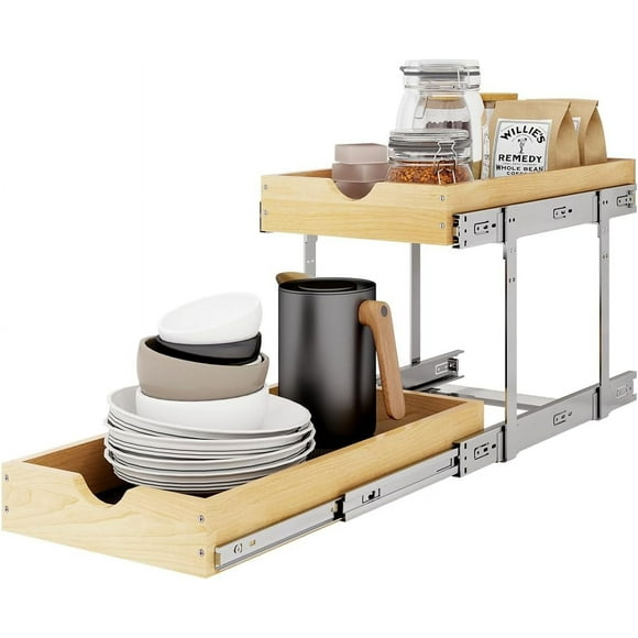 2 Tier Pull Out Cabinet Organizer,26" W x 21" D Wooden Cabinet Pull Out Shelves,Heavy-Duty Slide out Wood Drawer Shelf,Pull Out Drawer for Cabinets,Pantry, Bathroom,Kitchen