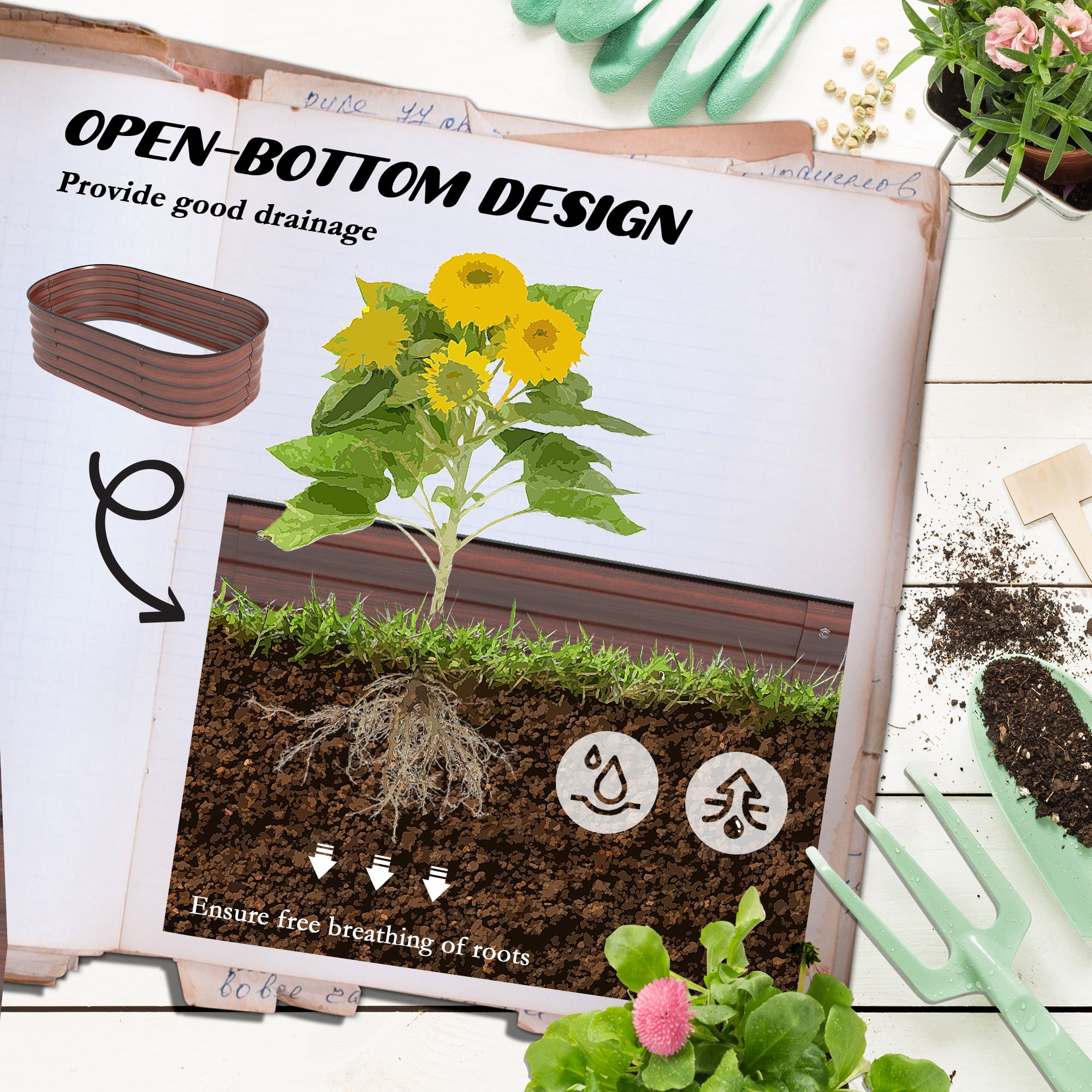 Outsunny Galvanized Raised Garden Bed Kit, Metal Planter Box with Safety Edging, 41.25" x 24.5" x 11.75", Brown