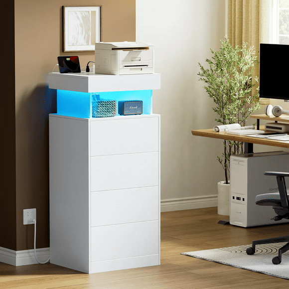 Buró Cajonera de 4 cajones - Estación De Carga 2 USB + Tipo C y 2 Enchufes AC. - Doble Repisa para almacenamiento - Organizador con cajonera para Ropa - Luces Led RGB.