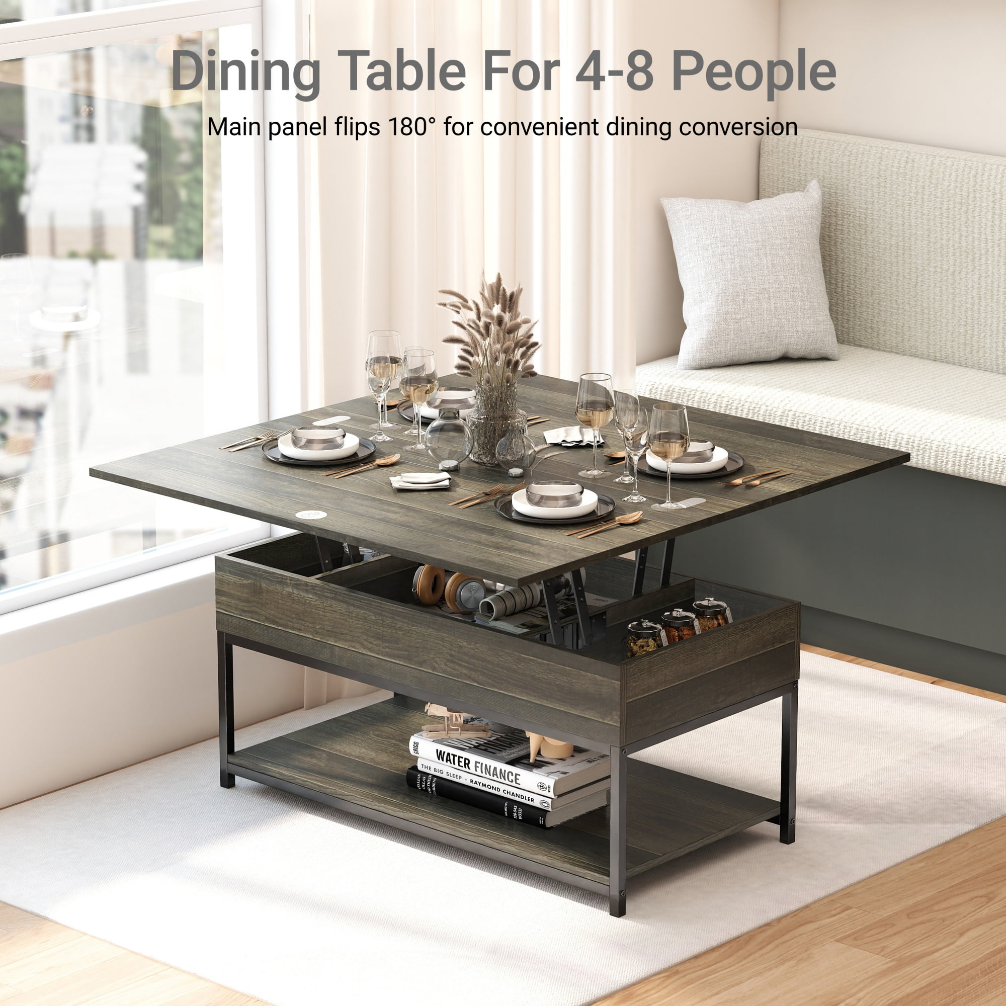 Manxile Lift Top Coffee Table with Storage Shelf, Farmhouse Coffee Table for Living Room, Charcoal Oak Finish
