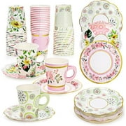 96 Pcs Floral Paper Tea Cups and Saucers Set, 9 Oz Disposable Tea Cup with Handle and 6 Inch Paper Plates for Tea Party Decorations, Birthday Favors, 3 Designs