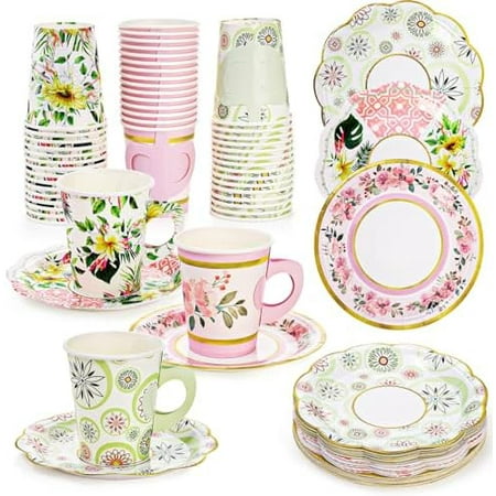 96 Pcs Floral Paper Tea Cups and Saucers Set, 9 Oz Disposable Tea Cup with Handle and 6 Inch Paper Plates for Tea Party Decorations, Birthday Favors, 3 Designs